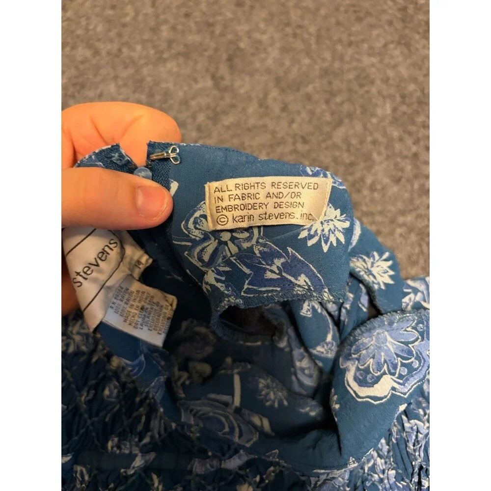 Karin Stevens Womens 14 Teal Blue Floral Smocked Maxi Dress Rayon Short Sleeve